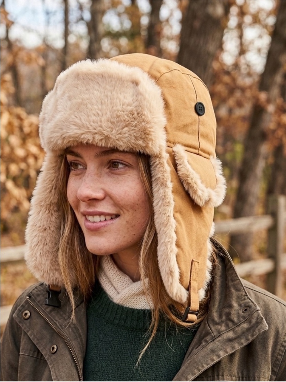 Faux Leather Trapper Hat — Plush Faux Fur Aviator Cap - Tan